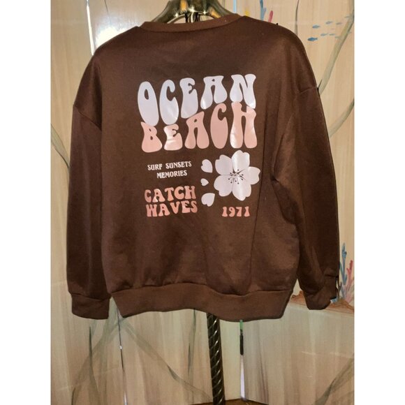 Vintage-Style Shein Brown "Ocean Beach" Sweatshirt Surf Sunsets Memories Catch W - Picture 1 of 4